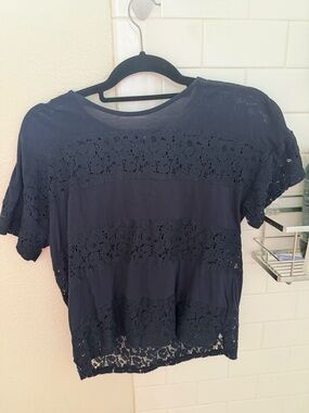 LOFT Navy Crochet-Striped Short Sleeve Top